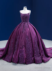 Purple Ball Gown Satin Appliques Pearls Prom Dress