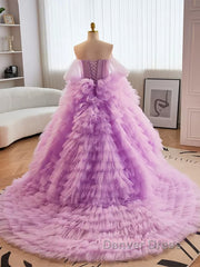 Purple Ball Gown Tulle Off The Shoulder Tiers Prom Dresses