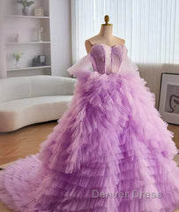 Purple Ball Gown Tulle Off The Shoulder Tiers Prom Dresses