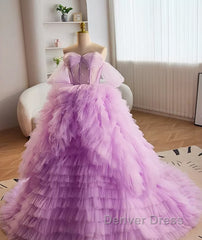 Purple Ball Gown Tulle Off The Shoulder Tiers Prom Dresses