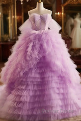 Purple Ball Gown Tulle Off The Shoulder Tiers Prom Dresses