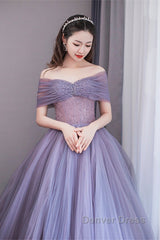 Purple Beaded Tulle Ball Gown Formal Dresses, Off Shoulder Sweet 16 Formal Dresses
