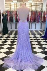 Purple/Blue Mermaid Backless Lace Prom Dresses, Purple/Blue Mermaid Backless Lace Formal Graduation Evening Dreses