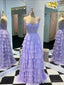 Purple Chiffon Layers Sweetheart Lace Long Prom Dress, Purple Long Prom Dresses