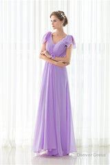 Purple Chiffon V-neck Backless Pleats Long Bridesmaid Dresses