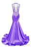 Purple Deep V Neck Mermaid Satin Prom Dress Sparkly Beaded Pageant Crystals Prom Dresses