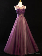 Purple Floral Long Lace Prom Dresses, Purple Floral Long Lace Formal Evening Dresses