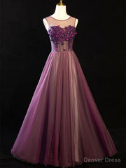 Purple Floral Long Lace Prom Dresses, Purple Floral Long Lace Formal Evening Dresses