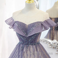 Purple Gradient A-Line Beaded Tulle Long Prom Dresses, Floor Length Purple Evening Dresses