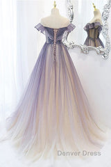 Purple Gradient A-Line Beaded Tulle Long Prom Dresses, Floor Length Purple Evening Dresses