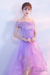 Purple High Low Off Shoulder Lace Applique Prom Dresses, Light Purple Homecoming Dresses