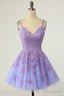 Purple Homecoming Dress Spaghetti Straps Short Prom Dresses A Line V Neck Tulle Lace Backless