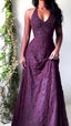 Purple Lace Halter Prom Dress Long Prom Dresses,