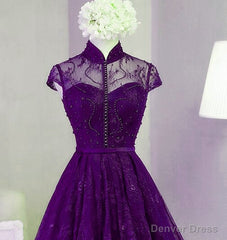 Purple Lace Knee Length Homecoming Dress, Purple Lace Short Prom Dress