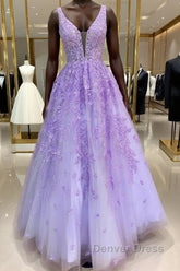 Purple Lace Long A Line Prom Dresses Evening Dresses