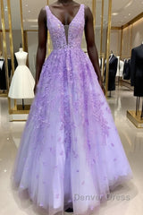 Purple Lace Long A Line Prom Dresses Evening Dresses