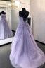 Purple Lace Long A Line Prom Dress, Spaghetti Strap Backless Prom Dresses