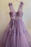 Purple Lace Long Prom Dress, A Line Purple Prom Graduation Dresses
