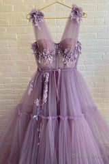 Purple Lace Long Prom Dress, A-Line Purple Evening Graduation Dress