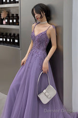 Purple Lace Long Prom Dresses, A-Line Purple Evening Graduation Dresses