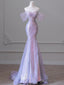 Purple Laser Sequin Beaded Mermaid Women Prom Dresses with Puff Sleeves Tassel Pearls Tulle Train Prom Gowns