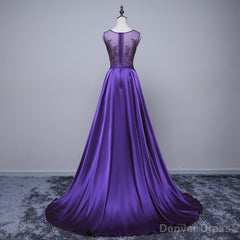 Purple Long Round Neckline Prom Dress, Satin Wedding Party Dress