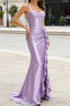 Purple Mermaid Corset Ruched Long Prom Dresses with Ruffled Slit