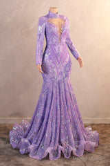 Purple Mermaid Prom Dresses Hight Neck Sequins Long Sleeve Evening Dresses