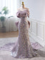 Purple Mermaid Sequins Spaghetti Straps Bow Prom Dresses