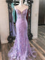 Purple Mermaid Tulle Lace Spaghetti Straps Prom Dresses