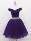 Purple Off Shoulder Knee Length Beaded Tulle Homecoming Dress, Sweetheart Short Prom Dresses