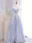 Purple Off Shoulder Tulle Sequin Long Prom Dress, Purple Prom Dresses