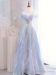 Purple Off Shoulder Tulle Sequin Long Prom Dress, Purple Formal Dress