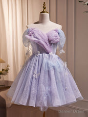 Purple Off Shoulder Tulle Short Prom Dress, Purple Homecoming Dress
