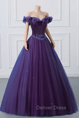 Purple Off-The-Shoulder Sweetheart Party Dresses, Beaded Flowers Ball Gown Tulle Prom Dresses