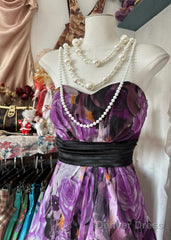 Purple Printed A-Line Temperament Sweetheart Neck Backless Party Dress Strapless Birthday Dressed01855