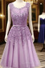 Purple Round Neckline Tulle Short Beaded Lace Knee Length Homecoming Dresses