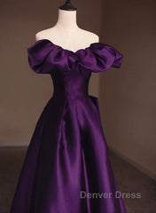 Purple Satin A-Line Off Shoulder Long Evening Dresses, Purple Satin Prom Dresses