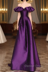 Purple Satin A-Line Off Shoulder Long Evening Dresses, Purple Satin Prom Dresses