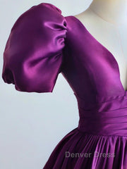 Purple Satin A-Line Short Sleeves Long Formal Dresses, Purple Evening Dresses Prom Dresses
