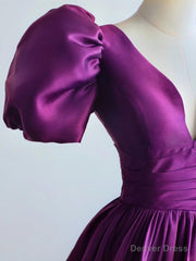 Purple Satin A-line Short Sleeves Long Formal Dress, Purple Prom Dress