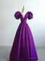 Purple Satin A Line Short Sleeves Long Prom Dress, Purple Prom Dresses