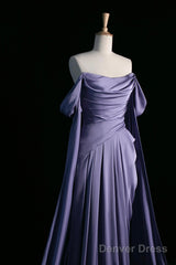 Purple Satin Long Prom Dress, Beautiful Off The Shoulder Evening Party Dress