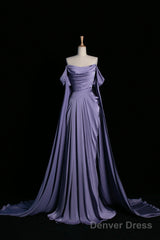 Purple Satin Long Prom Dress, Beautiful Off The Shoulder Evening Party Dress