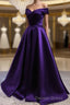 Purple Satin Off Shoulder Long Prom Dress,A Line Simple Women Prom Dresses