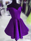 Purple Satin Off Shoulder Short Cute Homecoming Dress, Purple Prom Dress