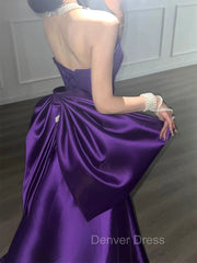 Purple Satin Scoop A-Line Floor Length Party Dresses, Purple Satin Long Prom Dresses With Bow