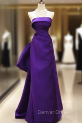 Purple Satin Scoop A-Line Floor Length Party Dresses, Purple Satin Long Prom Dresses With Bow