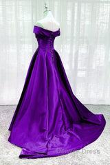 Purple Satin Sweetheart Long Party Dresses Prom Dresses, Off Shoulder Purple Evening Dresses