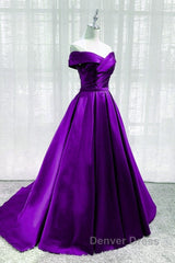 Purple Satin Sweetheart Long Party Dresses Prom Dresses, Off Shoulder Purple Evening Dresses